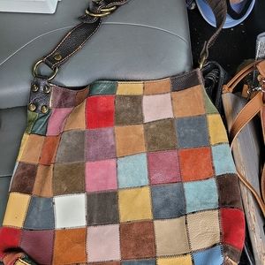 Lucky Brand Patchwork Suede Leather Hobo Bag Top Handle Boho Festival RARE